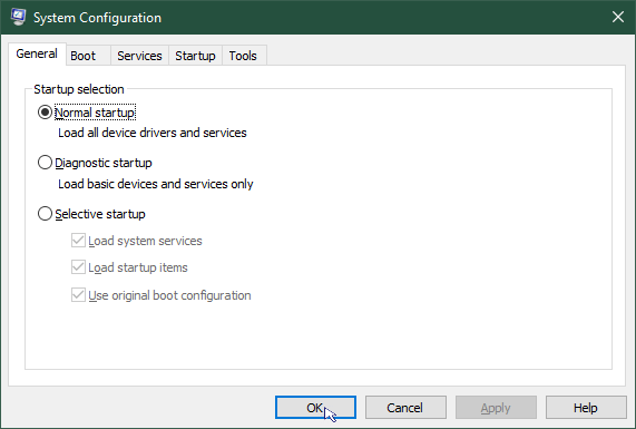 Start Windows in safe mode: System configuration normal