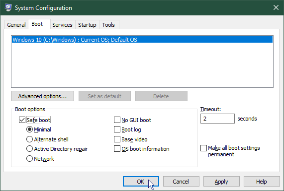 Start Windows in safe mode: System configuration safe boot